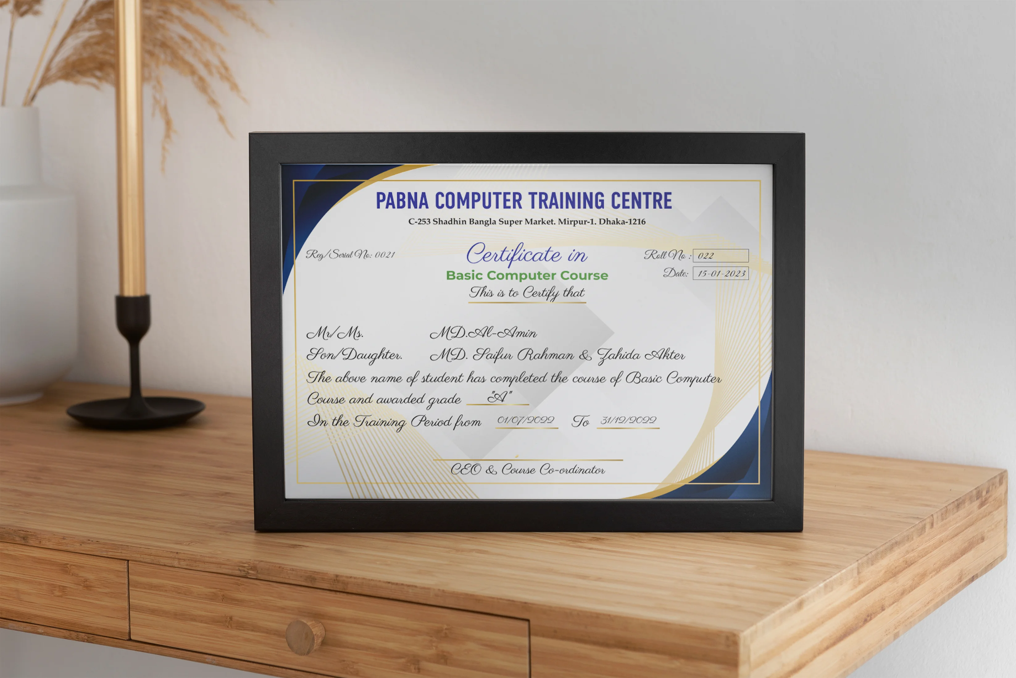 Pabna Computer Training Center – Basic Computer Course Certificate Design